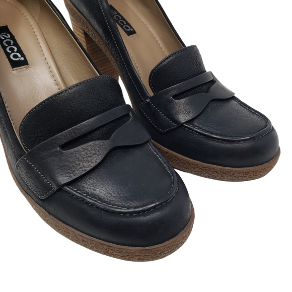 ECCO Nomane Black Leather Moccasin Loafer Heeled Shoes Size 40 EU 9 / 9.5 US - Picture 4 of 15